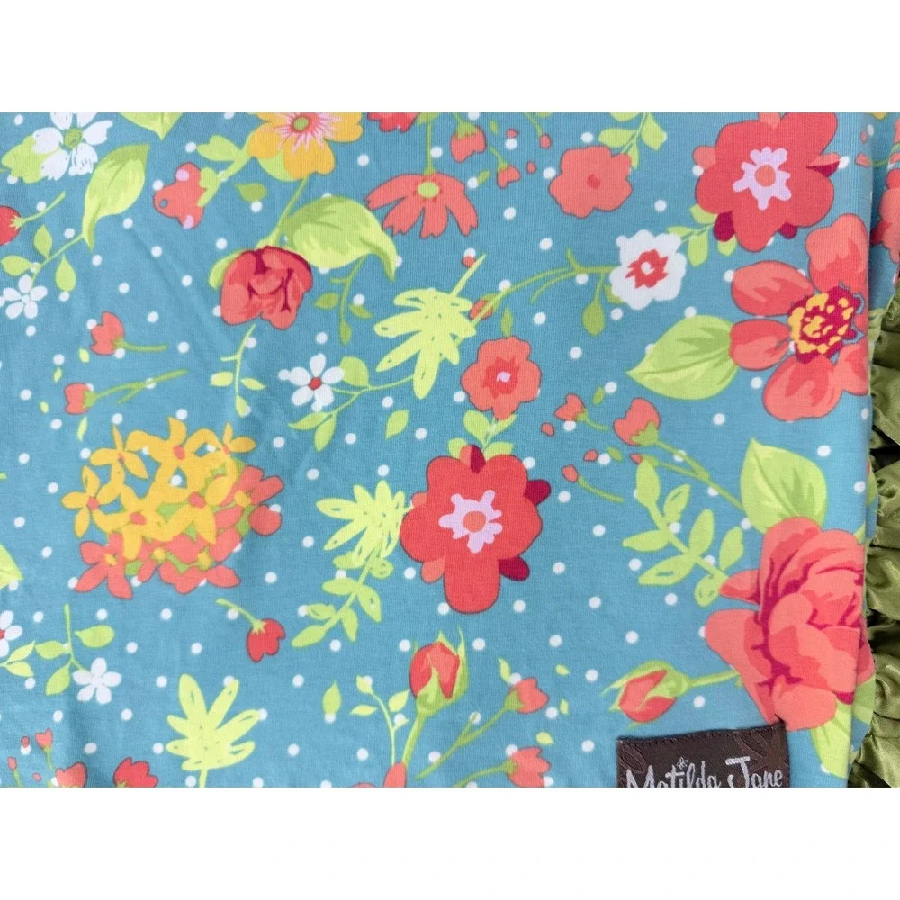 Matilda Jane Floral Baby Blanket Blue Green Ruffle Satin Trim 56x56